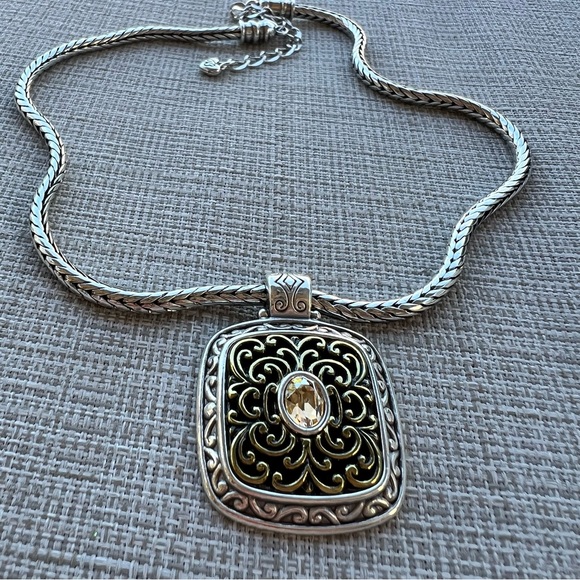 Brighton Gala Square Filigree Pendant Necklace With Silver Gold Tones Crystal - Picture 3 of 5